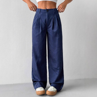 Blue Striped European and American Cross-Border Casual Commuting Loose Wide-Leg Casual Pants Trousers