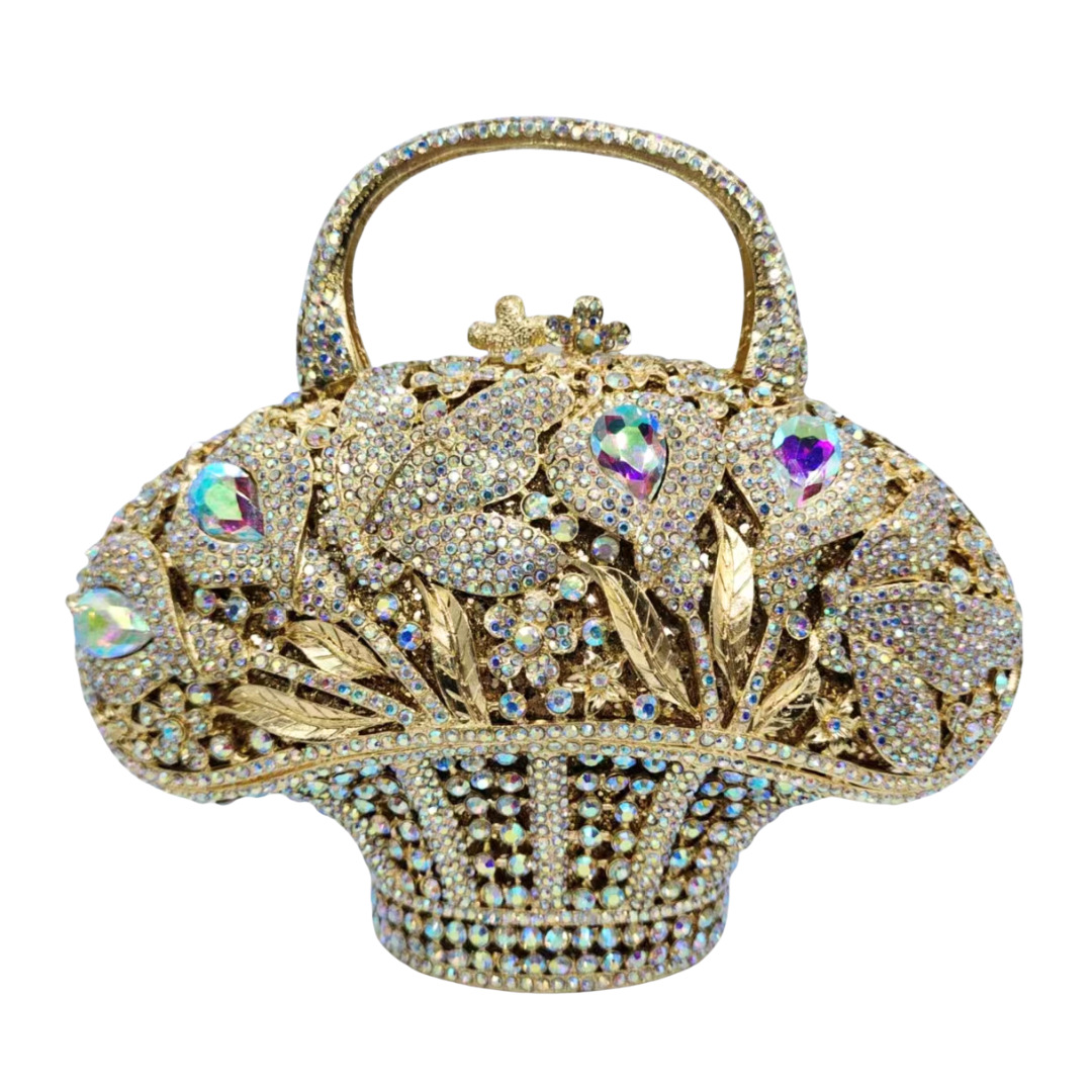 Túi clutch nữ đính đá dạ hội kiểu giỏ hoa kim cương cầm tay — vàng ảo, pha lê màu vàng, Kim cương trắng trên vàng, màu đỏ