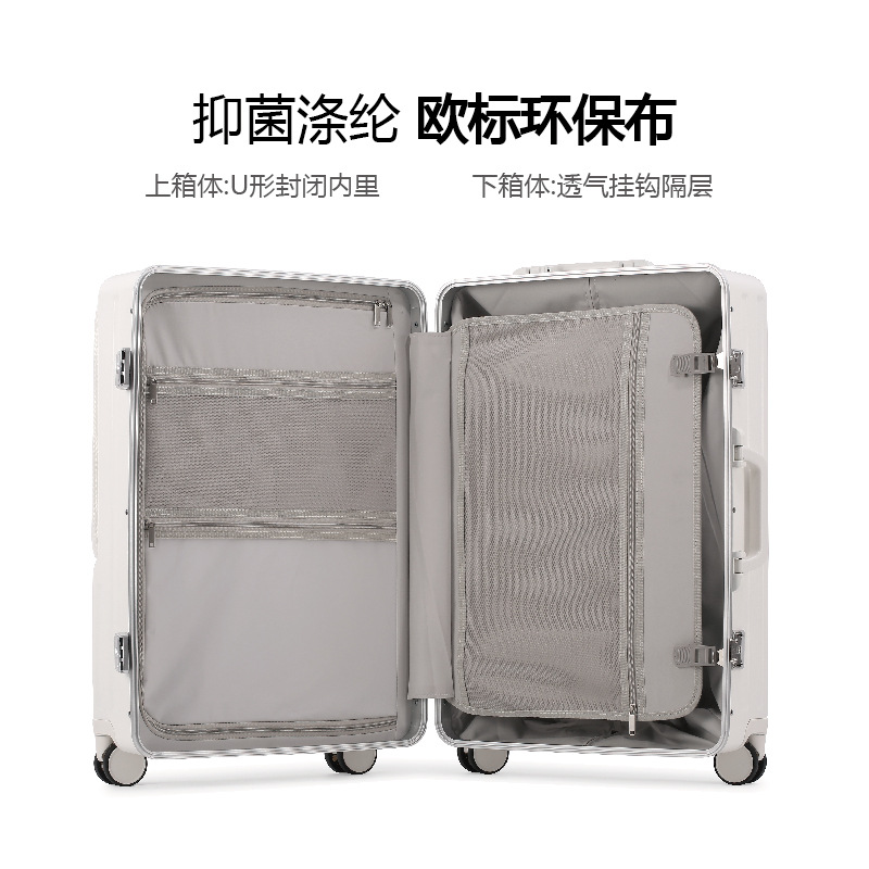 Apertura frontal equipaje de las mujeres marco de aluminio de los hombres caso de embarque maleta de 20/24 pulgadas soporte para teléfono móvil caja de la carretilla de carga USB