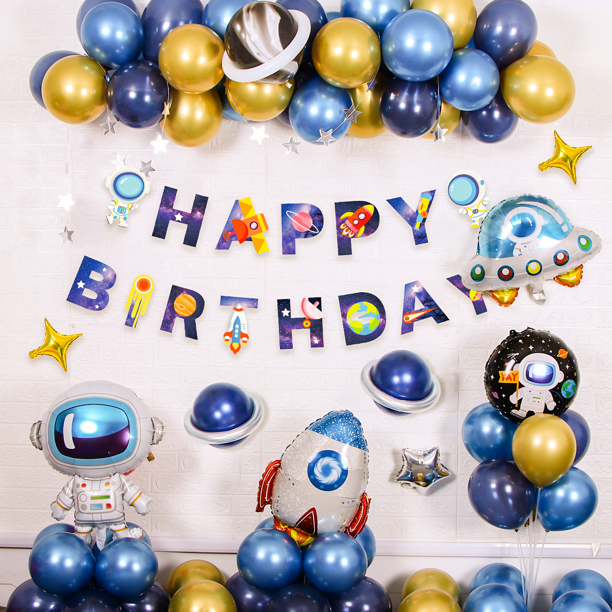 Spaceman tema fiesta de cumpleaños de los niños decoración astronauta cohete papel de aluminio globo cumpleaños tire bandera traje