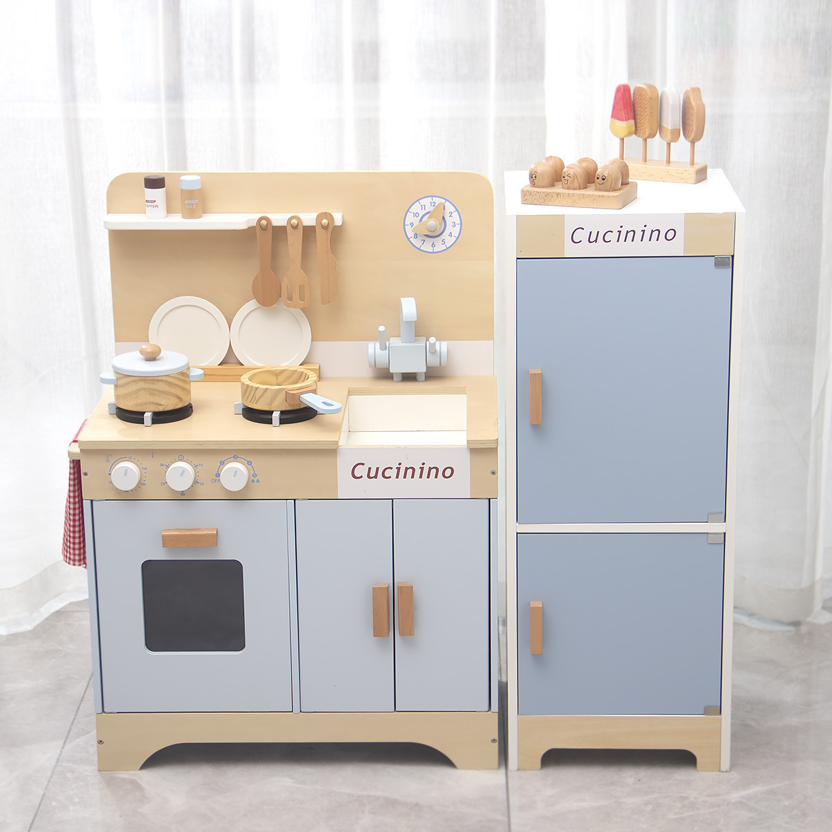 Estilo alemán gran simulación cocina refrigerador olla conjunto combinación niños y niñas jugar a las casitas al vapor Zhu juguetes para niños