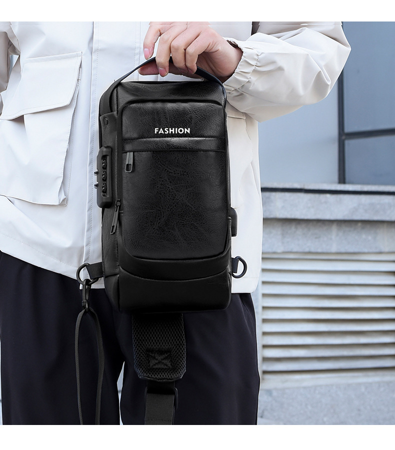 New men's chest bag, leather bag, crossbody bag, shoulder bag, sports mini backpack, multi-functional men's bag, combination lock, cross-border undefined