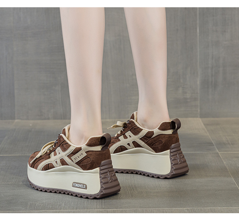 Giày sneaker nữ đế dày tăng chiều cao 7 cm phong cách đa năng mùa thu đông — M2999 li đơn màu vàng, M2999-1 màu vàng nhung, M2999-1 màu nâu cộng nhung, M2999 lớp lót đơn màu nâu chi tiết 18