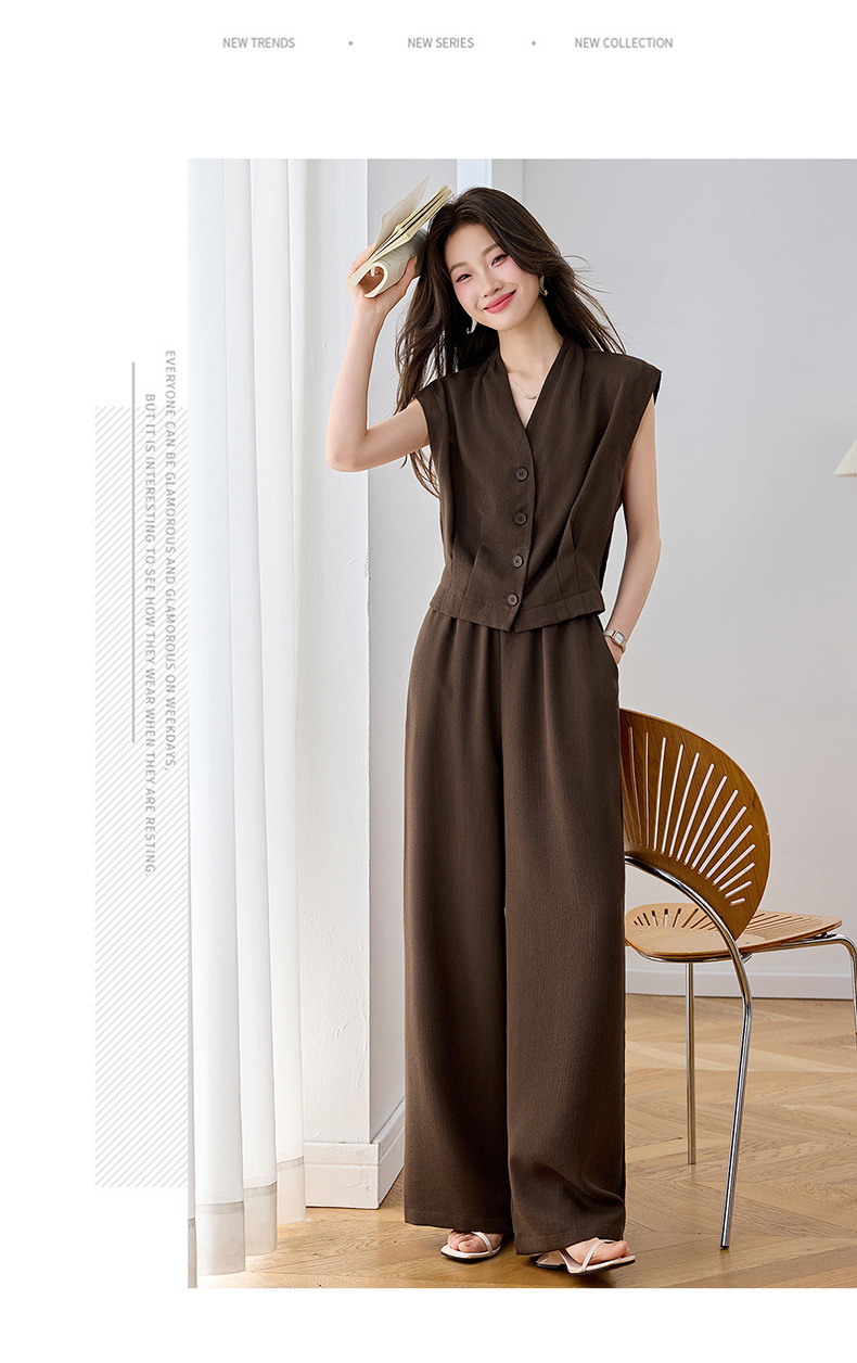 Bộ vest nữ hai dây phối quần ống rộng — màu kaki, màu trắng ngà, màu cà phê chi tiết 12