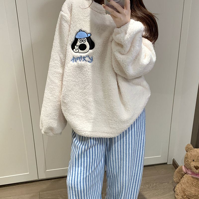睡衣女冬季米粒绒加厚长袖圆领学生可爱甜美卡通家居服套装可外穿|undefined