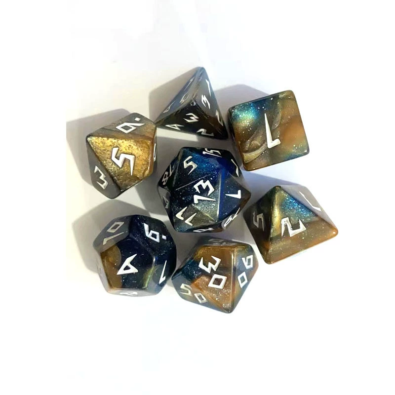 7‑piece polyhedral dice set, tricolor chameleon finish, standard DnD kit (d20–d4), multi‑color
