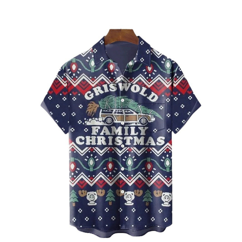 Blue Family Christmas Print Men's Holiday Chest Pocket Stretch Short Sleeve Shirt plus size & Tall
