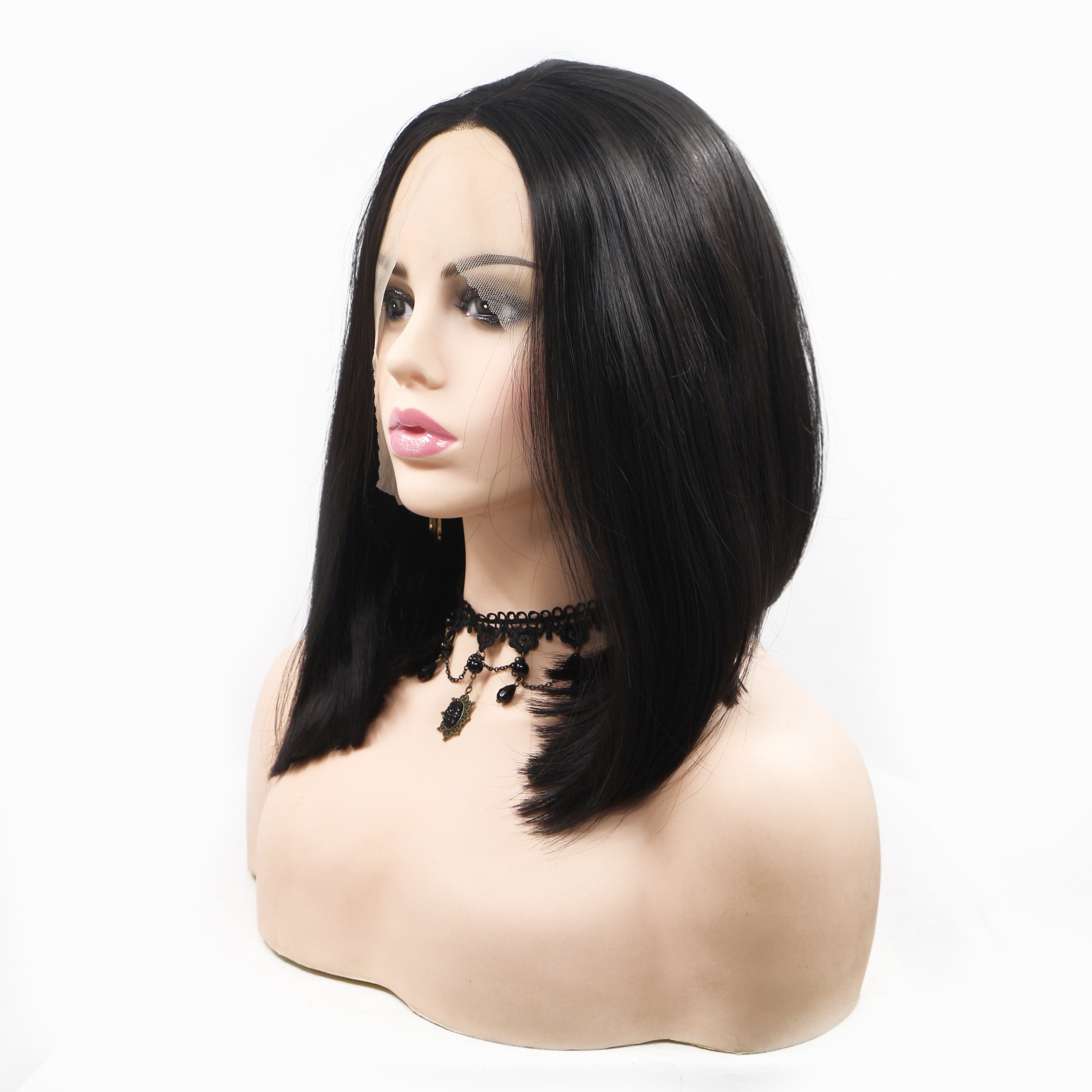 Peluca europea y americana pelo corto liso encaje de fibra química negra nuevo Lace Front Wigs