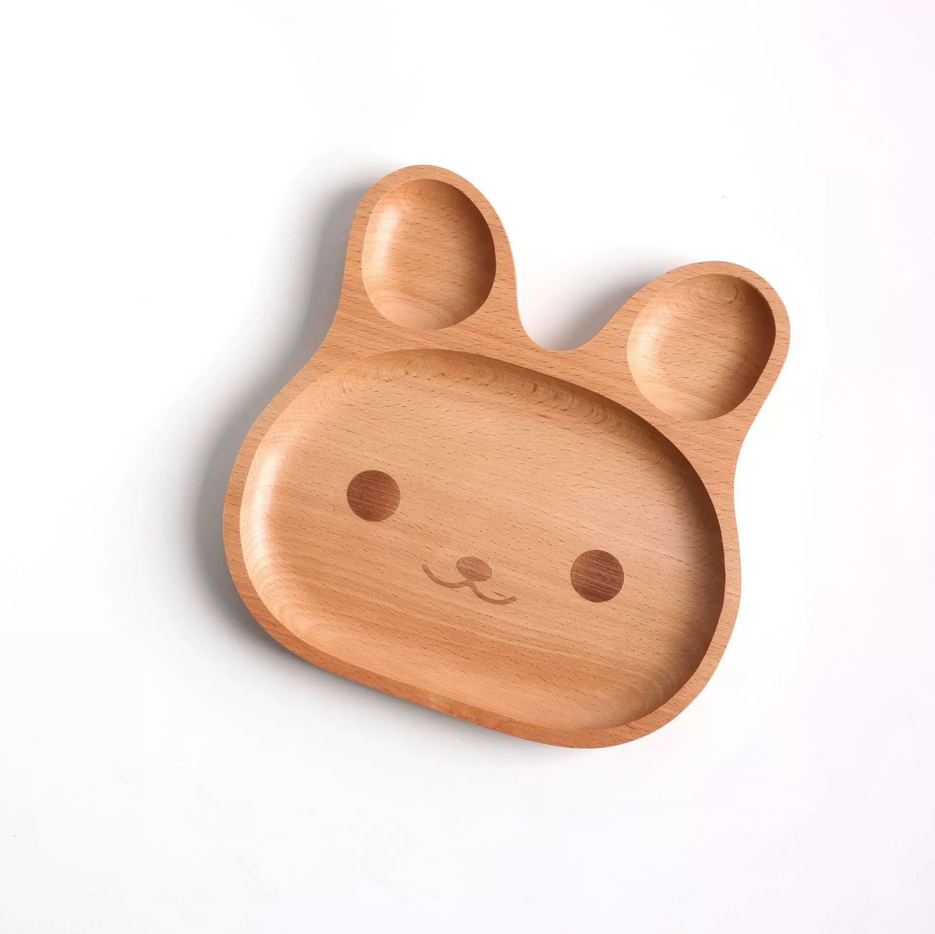 何适家居榉木儿童餐盘简约可爱卡通兔子盘木质分格异形卡通甜点盘