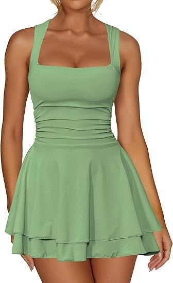 2025 ヨーロッパとアメリカの貿易クロスボーダー婦人服アマゾン人気のスクエアネックウエストプリーツ裾ミニショートドレス|undefined