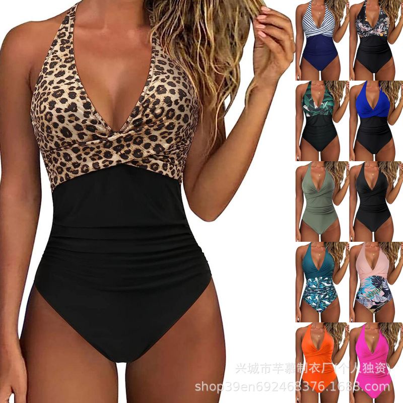 European and American Foreign Trade Cross-Border Bikini Tight-Fitting One-Piece Swimsuit for Women, Backless Sexy Cross-Color Matching Amazon Swimwear for Women