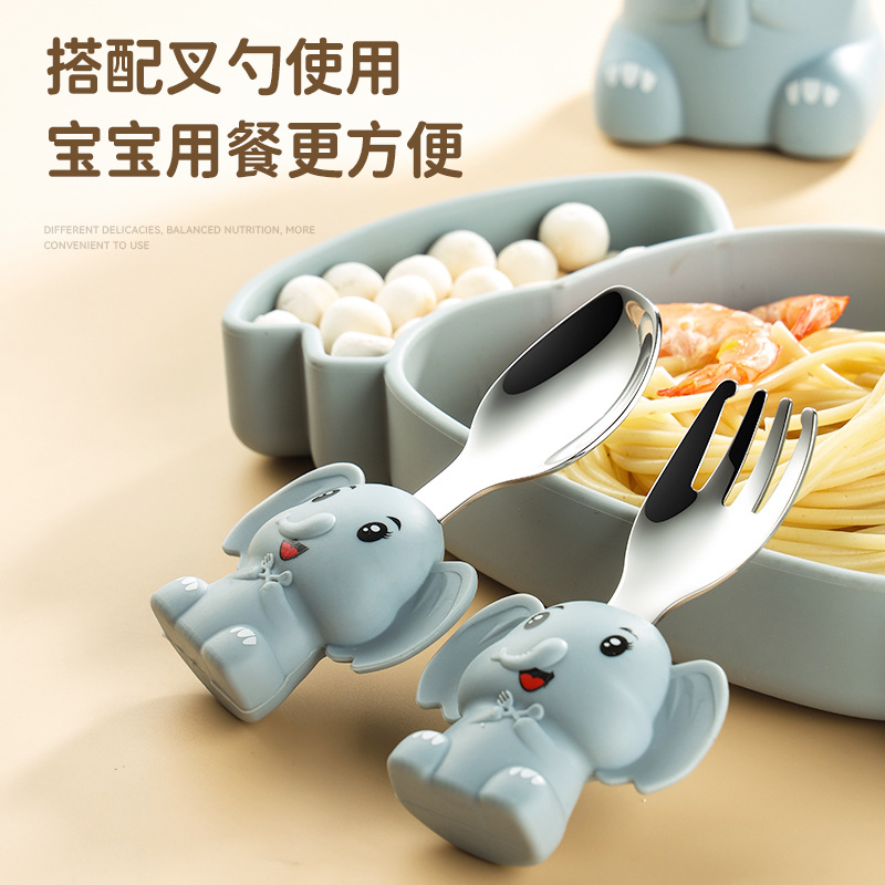 Elefante de dibujos animados set de cubiertos para niños plato de silicona para bebés plato de alimentos para bebés set de suministros para madres y bebés