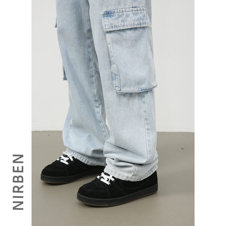 Quần jean nam ống rộng ống đứng dáng suông, vải denim giặt cổ điển, nhiều túi — Màu xanh lam