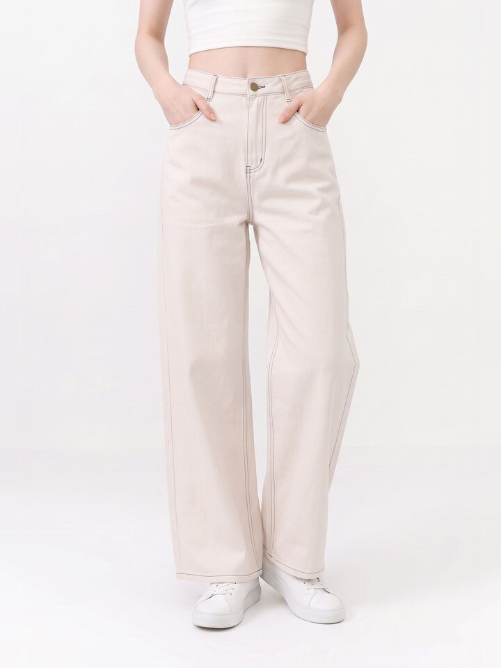 Quần jeans nữ ống rộng lưng cao dáng suông có đường chỉ nổi — Gạo trắng
