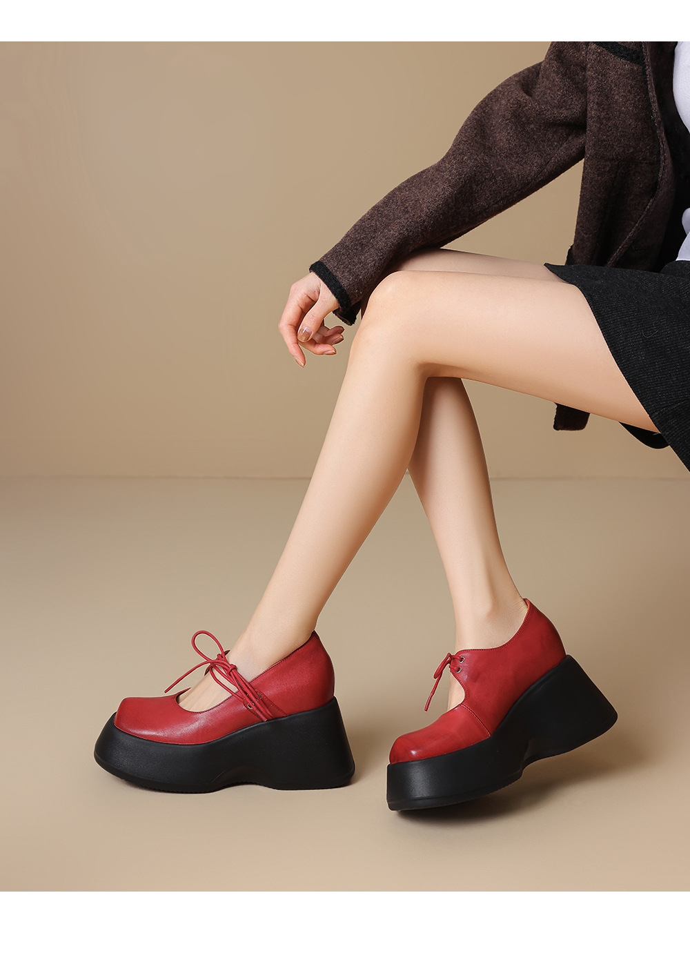 Giày Mary Jane nữ đế dày 10 cm mũi tròn phong cách Anh quốc da thật — màu đen chi tiết 6