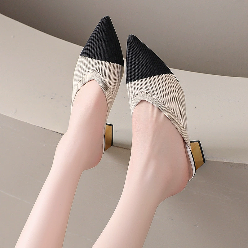 [Korean Style Women7s Fly-Woven Mid-Heel Spring and Summer New Baotou Half Slippers Pointed Toe Mule Shoes Thick Heel Outer Wear 35-41]