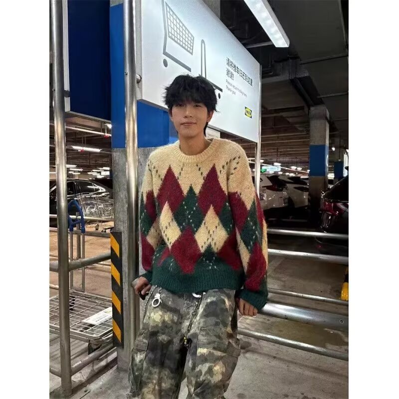 American Style Retro Rhomboid Christmas Sweater for Men and Women Autumn and Winter Loose Lazy Style Knitted Sweater Design All-match Top