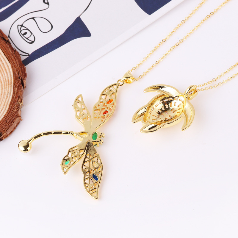 Fashion Tortoise Dragonfly Copper 18k Gold Plated Zircon Pendant Necklace In Bulk display picture 4