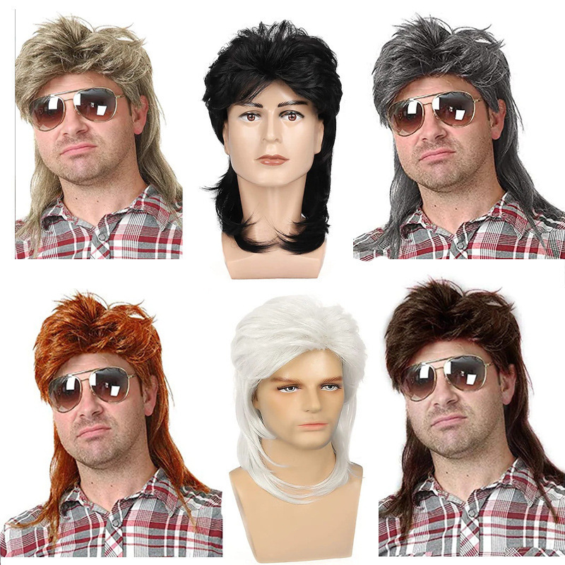 Foreign Trade European and American Wig Men's Black Fish Wig Brown Curly Hair 80S Retro Cosplay Halloween Wig Set