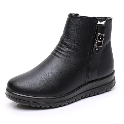 Winter mother's shoes, elderly cotton shoes, soft-soled short boots for middle-aged and elderly women, velvet warm boots, flat-soled granny cotton leather shoes