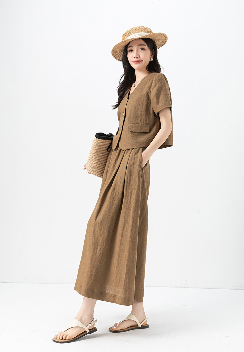 Bộ đồ vải lanh cổ điển Xinge cho nữ: áo khoác ngắn tay rộng rãi mỏng mùa hè và chân váy tôn dáng — Váy kaki (65356) chi tiết 27