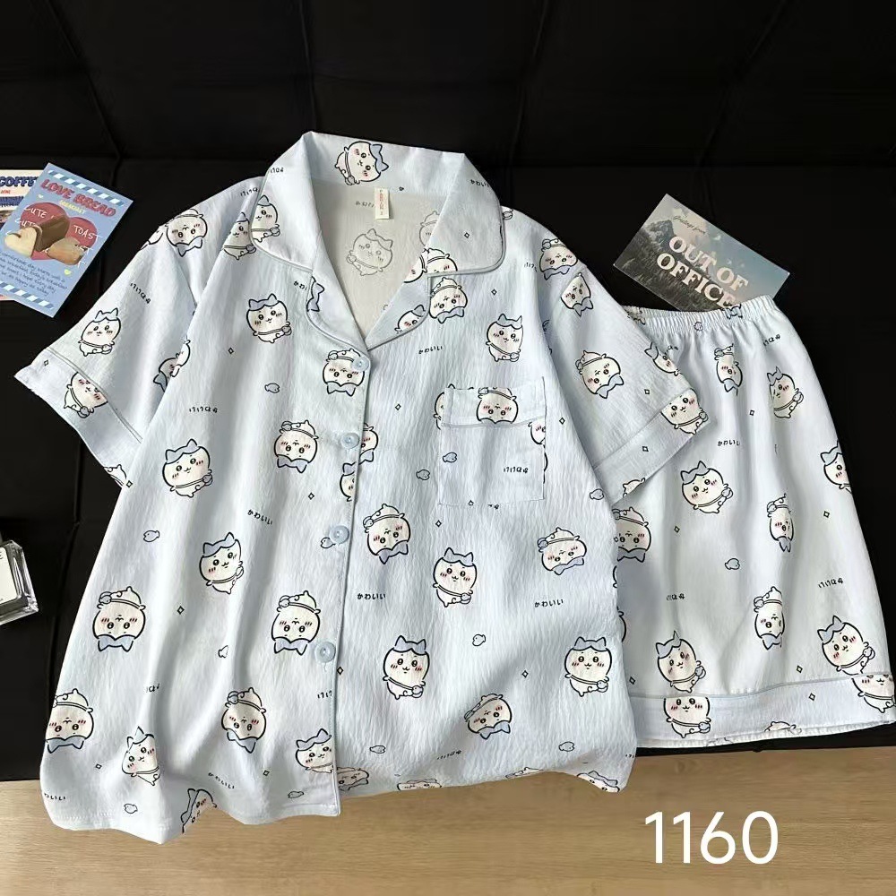 Al por mayor transfronterizo pantalones cortos de manga corta nubes pijamas de algodón de dibujos animados lindos cardigan con solapa primavera y otoño set de ropa para el hogar