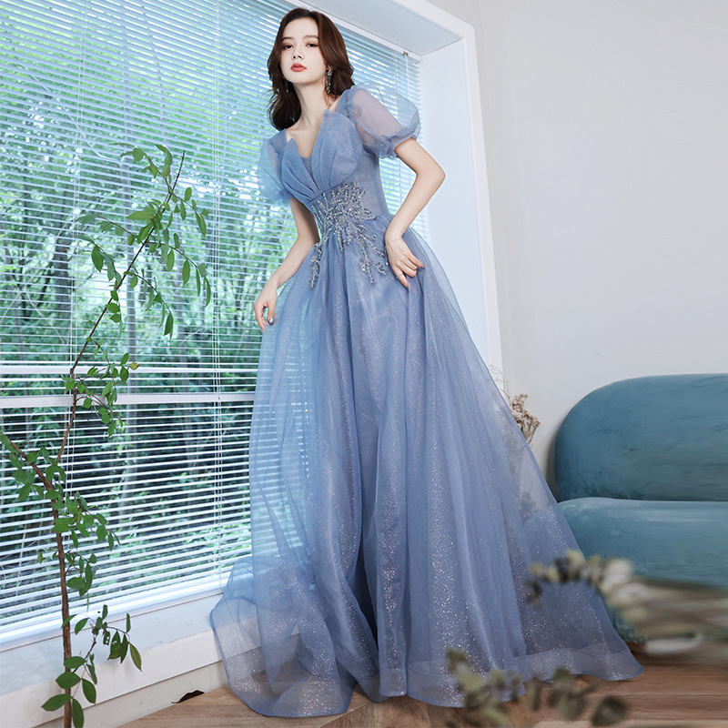 Blue Evening Dress for Women 2025 New Style French Long Annual Meeting Host Dress