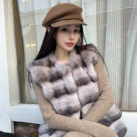 感时髦贵妇青紫蓝龙猫外套女兔毛皮草马甲短款背心