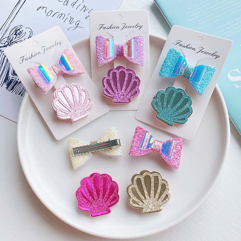 50g Weight Hair Clip Hair Accessories Type 2 Pieces Set Quantity Holiday Occasion Bow Knot, Shell Pattern Kid'S Gender Vacation Style Kid's Vacation Bow Knot Shell Cloth Hair Clip 1