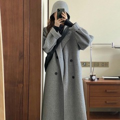 韓国風ミドル丈ウールコート レディース 2025秋冬新作 小柄さん向け グレー リバーシブルカシミヤウールコート