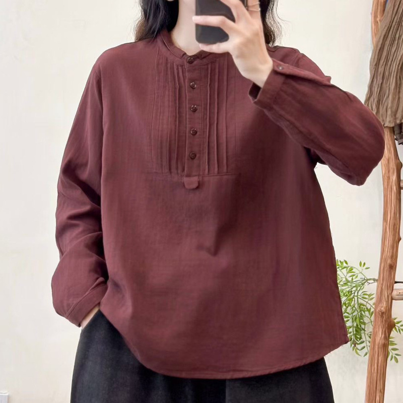 日韩春秋双层棉纱休闲长袖衬衫木耳领宽松棉质宽松大码女装衬衣|undefined