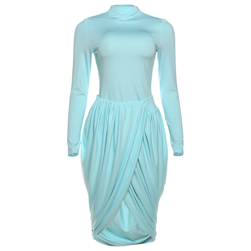 Women's Slim Fit Long-Sleeve Pleated Solid Color Dress