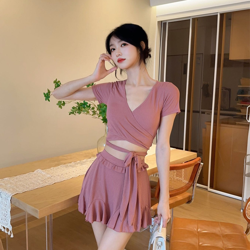 Verano puro viento rosa traje de baño dividido mujeres autocultivo ligeramente gordo cubrir carne vacaciones junto al mar traje de baño transpirable mujeres al por mayor