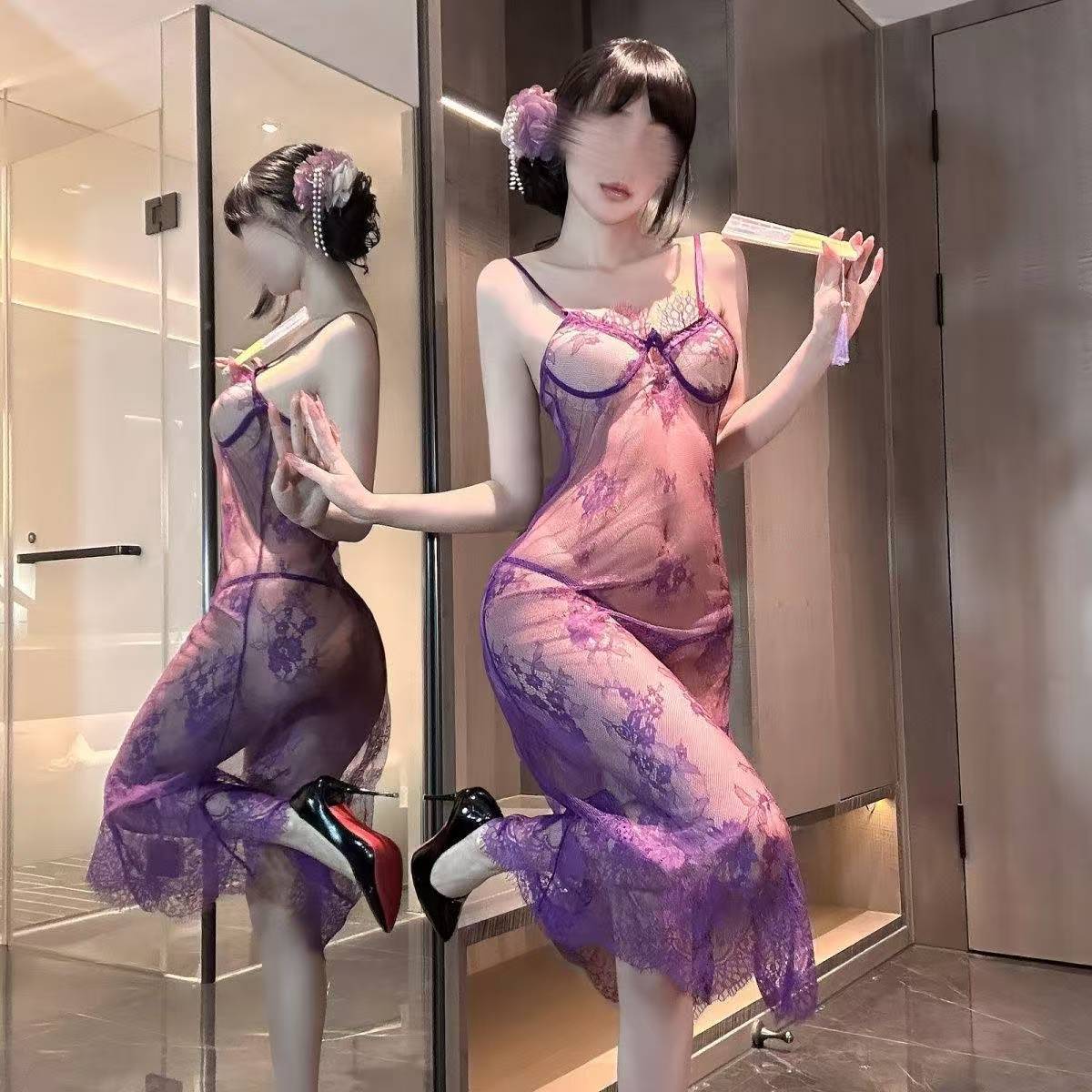 Purple See-Through Lace Lingerie Set with High-Slit Long Skirt, One Size — detail image 2
