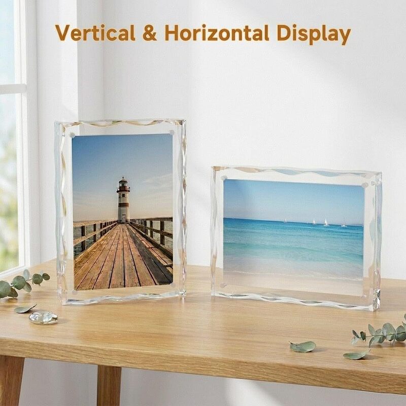 Magnetic Double-Sided Acrylic Photo Frame 5x7inch Thickened Crystal Clear Water Ripple Edge Desktop Display Photo Frame