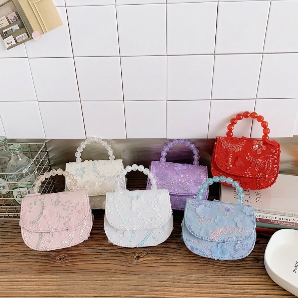 New pearl handbag, semi-circular sequin plain children's bag, girls' custom DIY coin purse, shoulder and crossbody bag
