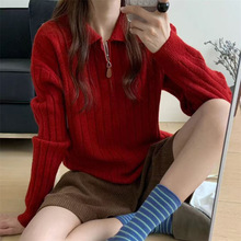 韩版翻领双拉链坑条纹显瘦针织开衫女秋冬新款Polo领百搭毛衣女装