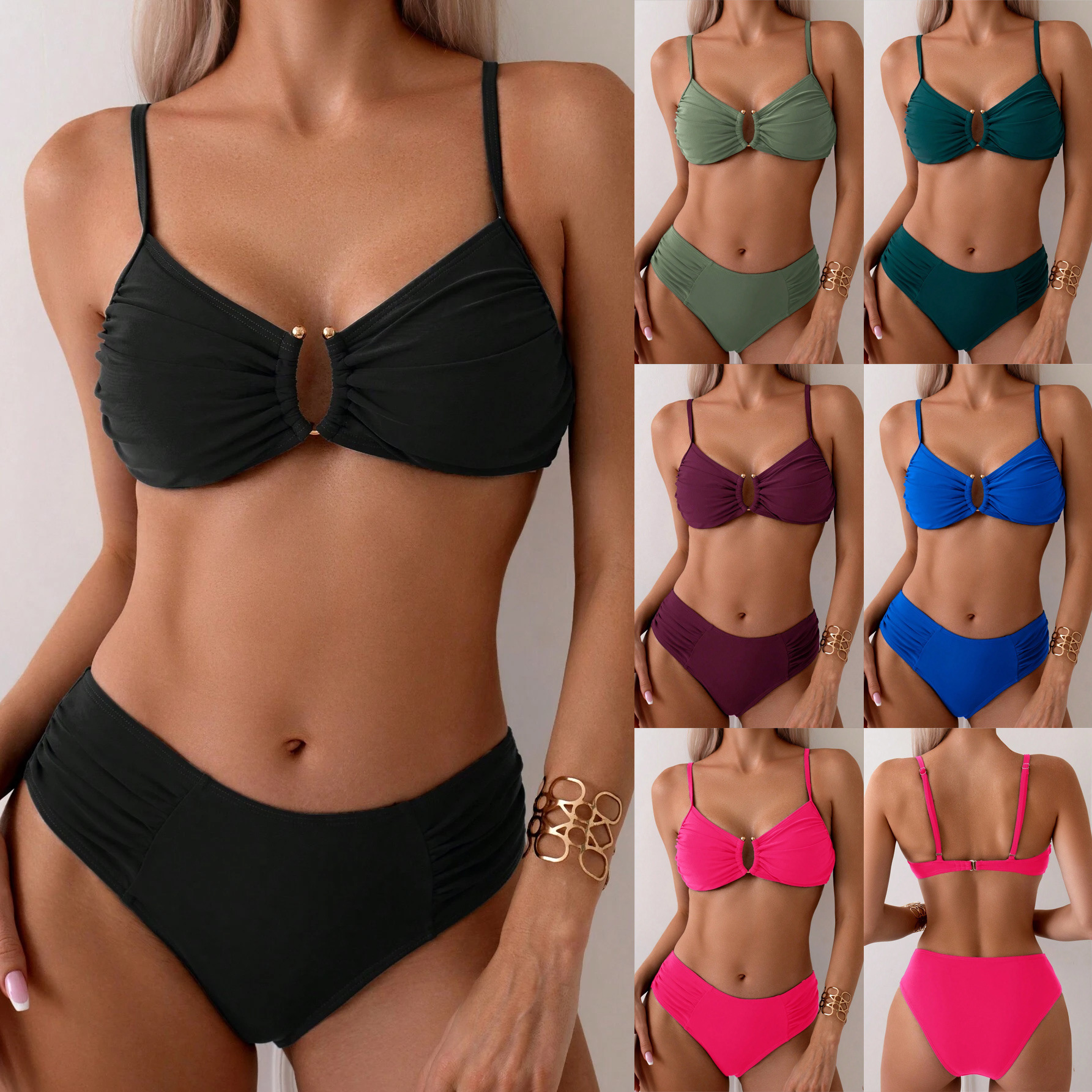 2025 new solid color sexy European and American cross-border foreign trade bikini wrinkle hollow split swimsuit suit women