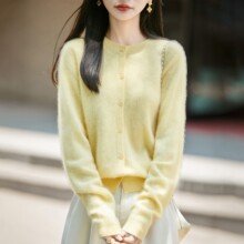 软糯拉绒羊毛针织开衫女圆领小个子毛衣外套纯色宽松外穿叠穿上衣
