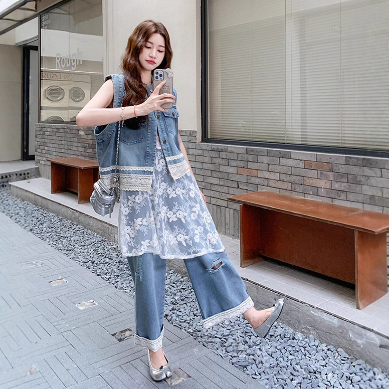 フレンチフライストリートデニムスリーピーススーツ女性用2025夏新作刺繍スプライシングベストレースインナーワイドレッグパンツスーツ|undefined