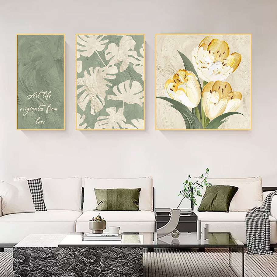 Sala de estar Sofá Fondo pared Pintura decorativa Pintura triple Colgante Pintura de diamantes estrella de cuero Estilo crema Pintura abstracta