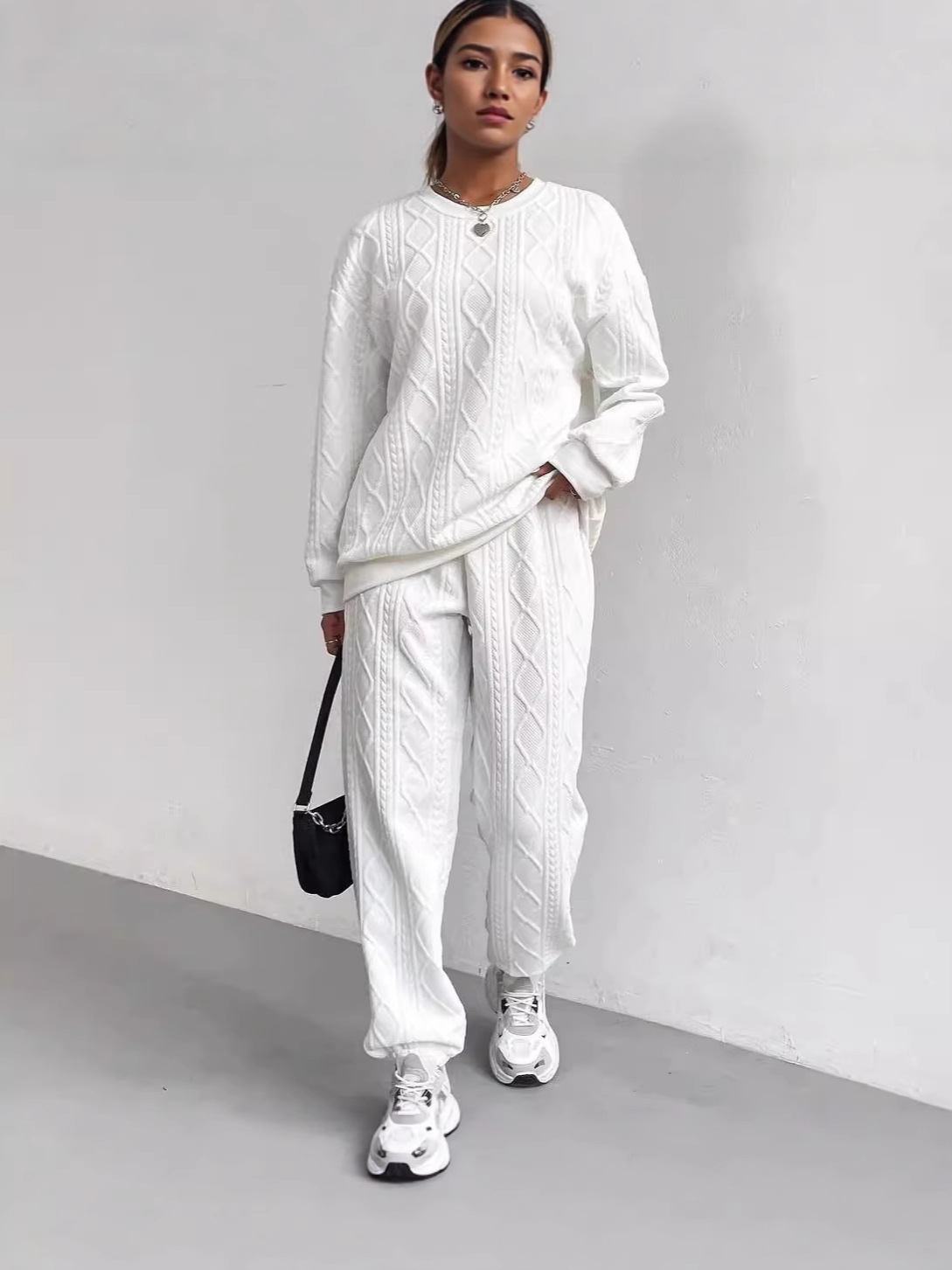 2025 Autumn and Winter European and American Clothing Cross-Border New Fashion Threaded Jacquard Pants Casual Two-Piece Suit for Women 2