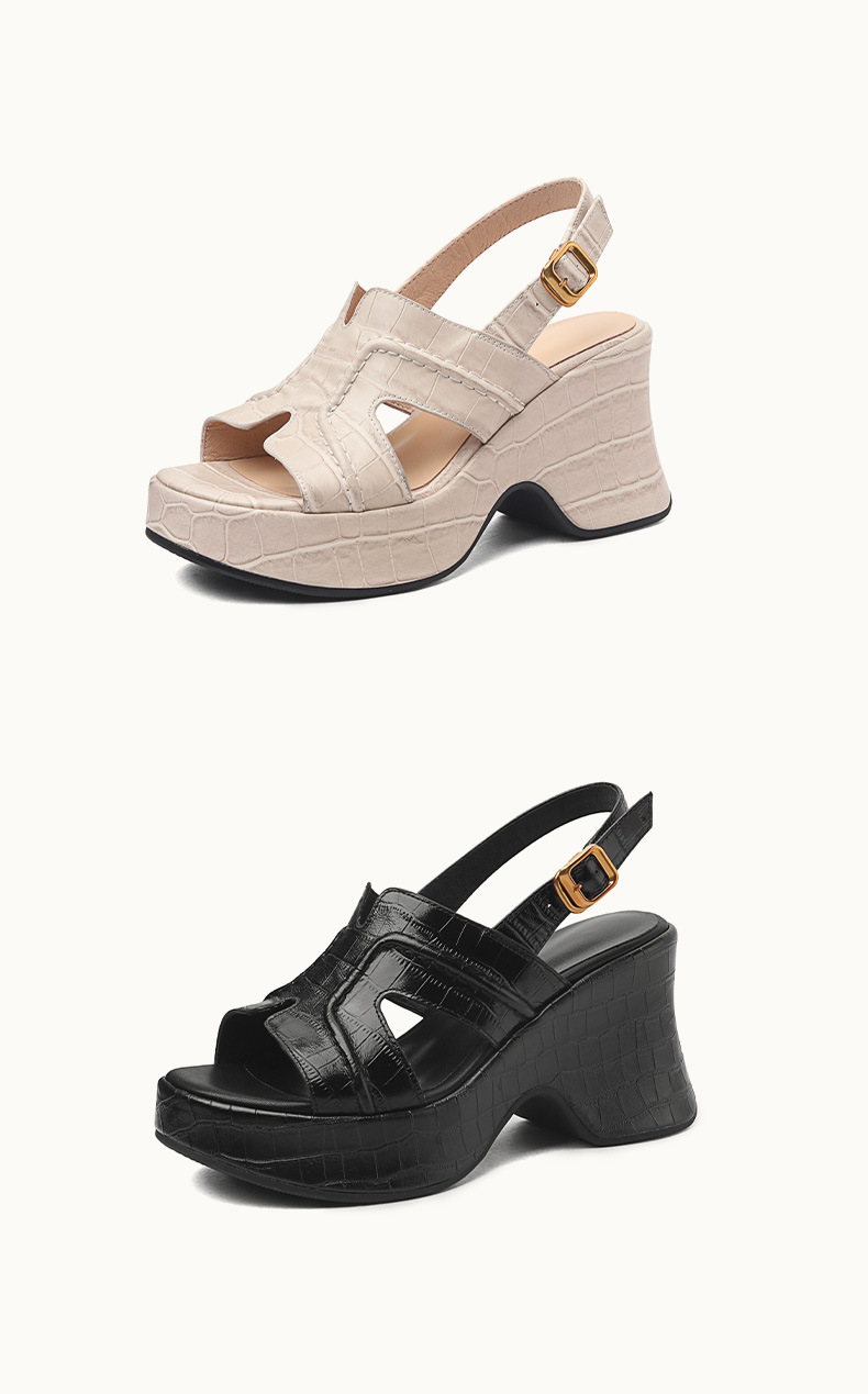 Sandal cao gót nữ đế xuồng platform gót 9 cm, mũi hở phong cách La Mã — màu đen, màu mơ chi tiết 9