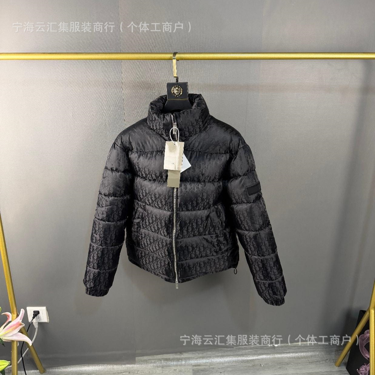 Cross-border trendy brand D's down jacket, stand collar, warm winter jacket, all-over printed waist drawstring, casual and versatile outer jacket