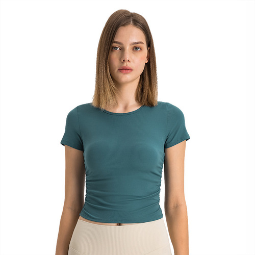 Spring and summer new style ribbed side waist pleated sports short-sleeved women's slimming and fashionable versatile fitness yoga tops