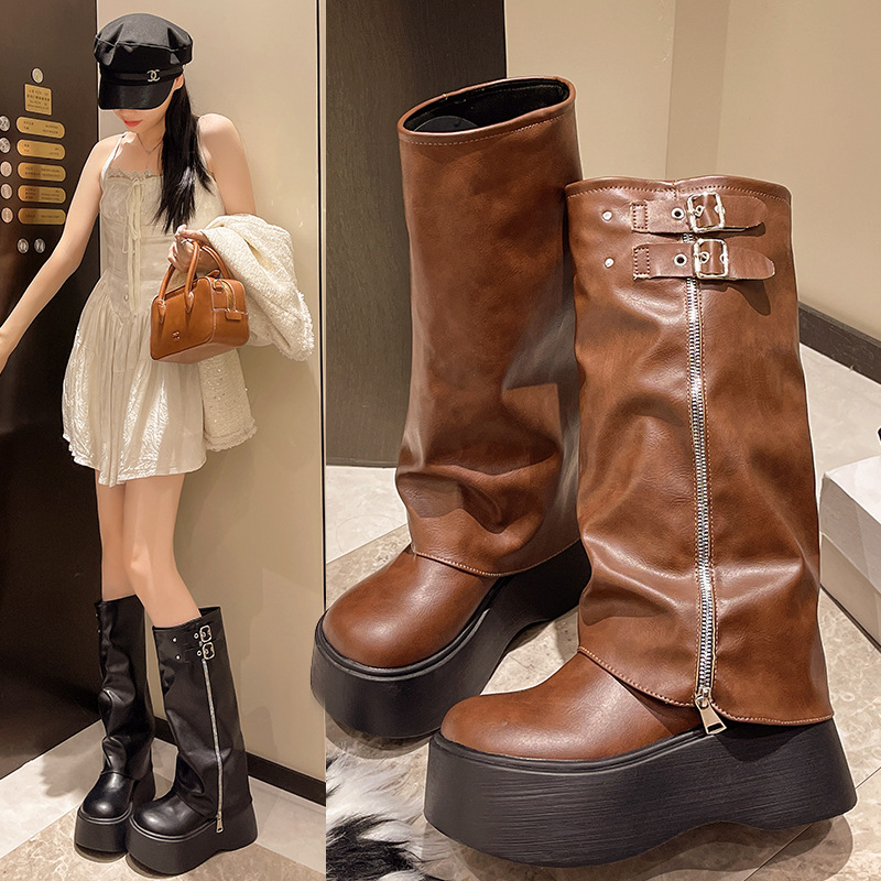 Women's thick-soled wide-leg boots, 2026 autumn and winter new style, platform heel, over-the-knee, fashionable belt buckle riding boots, cross-border