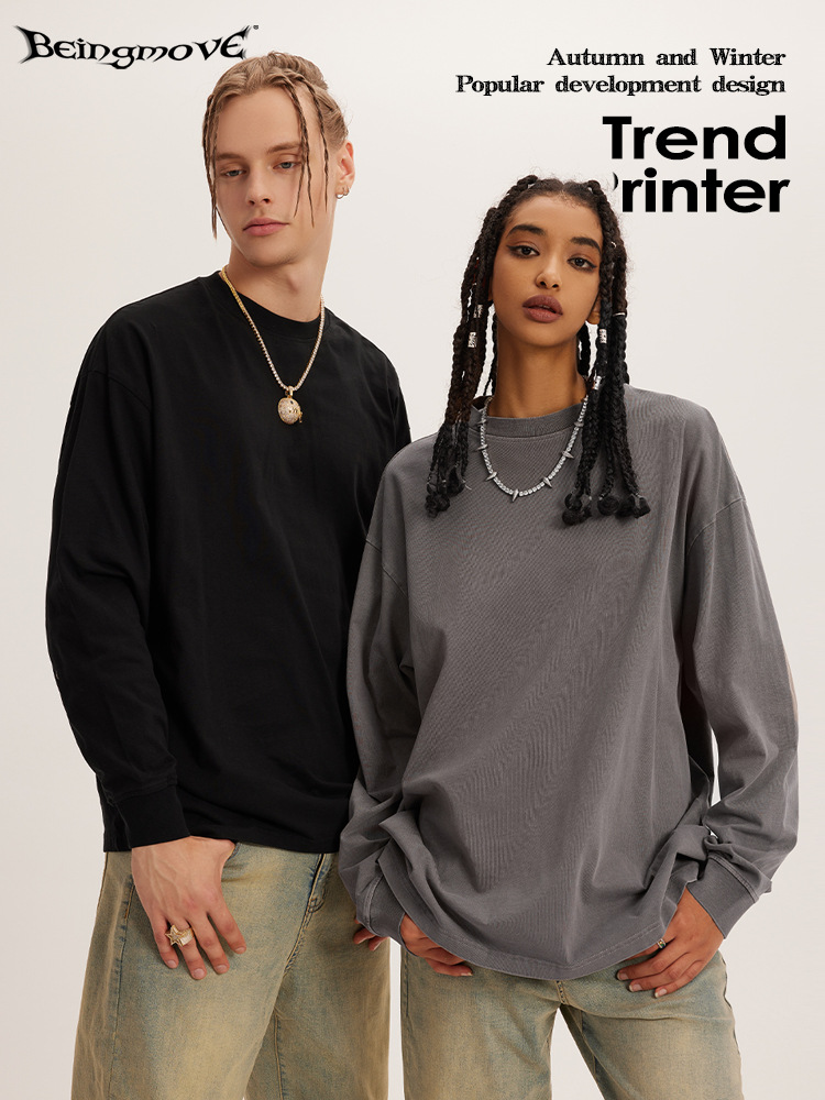 2025 otoño marca de moda americana hacer vieja lavado color macarón oversize cuello redondo suelto camiseta de manga larga moda masculina