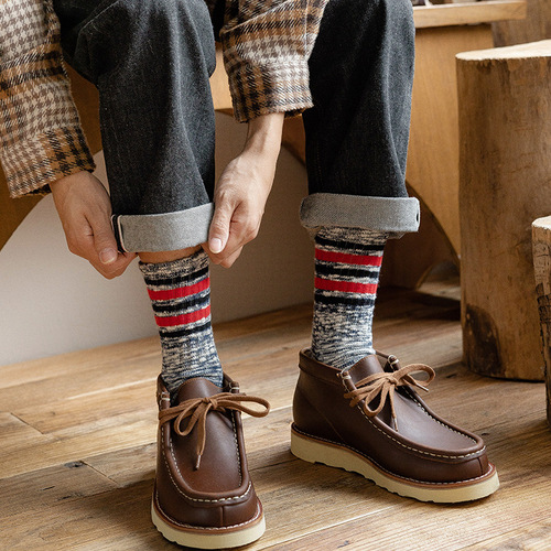 Chunky Crew Socks for Men: Autumn/Winter Pure Cotton Mid-Calf Socks, Instagram-Famous Japanese-Style Striped Long Socks with Vintage High-Waist Design