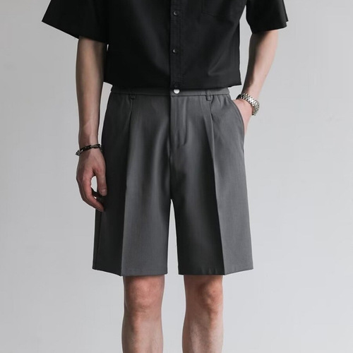 Men's Summer Plain Color 5-inch Western Shorts Leisure Retro London Style Trendy Shorts Half Elastic Waist Straight Leg Mid-Calf Pants