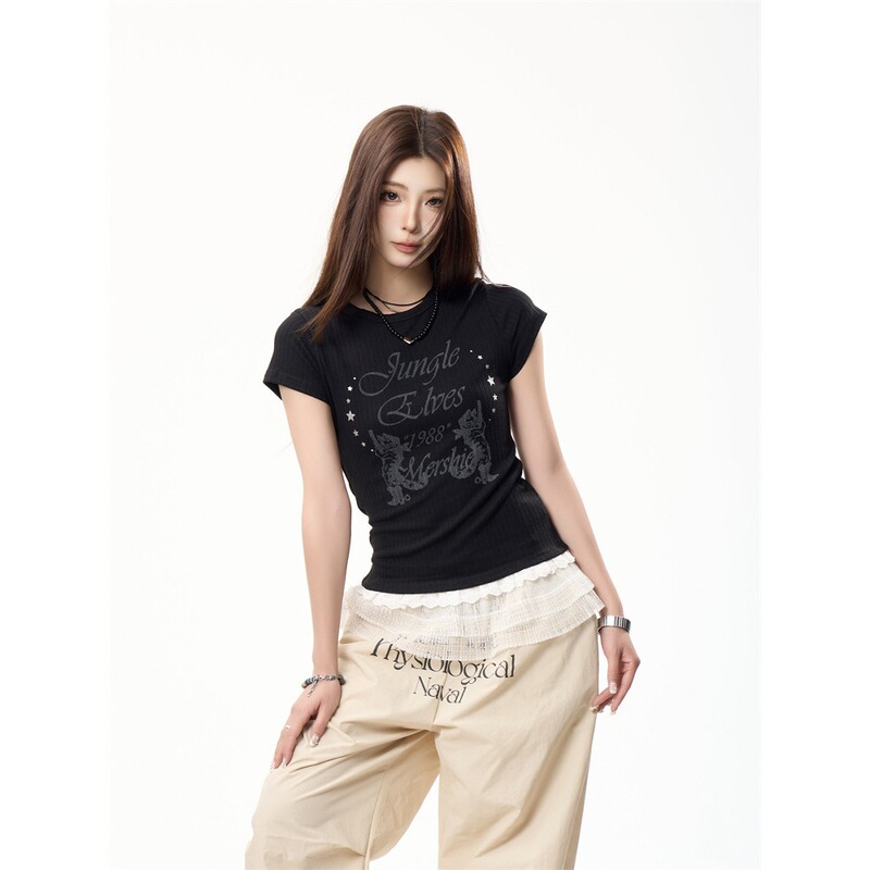 American Sexy Black Right Shoulder Short-Sleeved T-Shirt for Women in Summer Slimming Look Lace Design Niche Short Top American Sexy Black Right Shoulder Short-Sleeved T-Shirt for Women in Summer Slimming Look Lace Design Niche Short Top